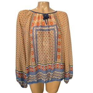 John Paul Richard Womens XL Orange Blue Print Tassel Neck Elastic Hem Blouse Top